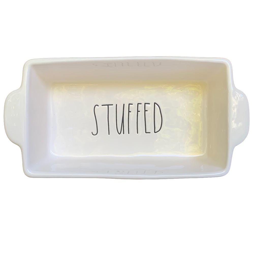 Rae Dunn STUFFED Baking Dish Pan White Black Large Letters Dimples NWT 2017 OG